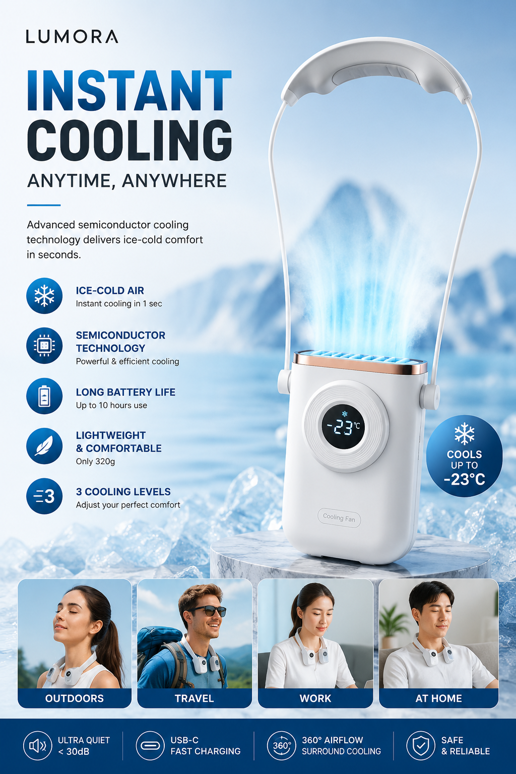 Lumora™ 2-in-1 Wearable Neck Fan with Semiconductor Cooling